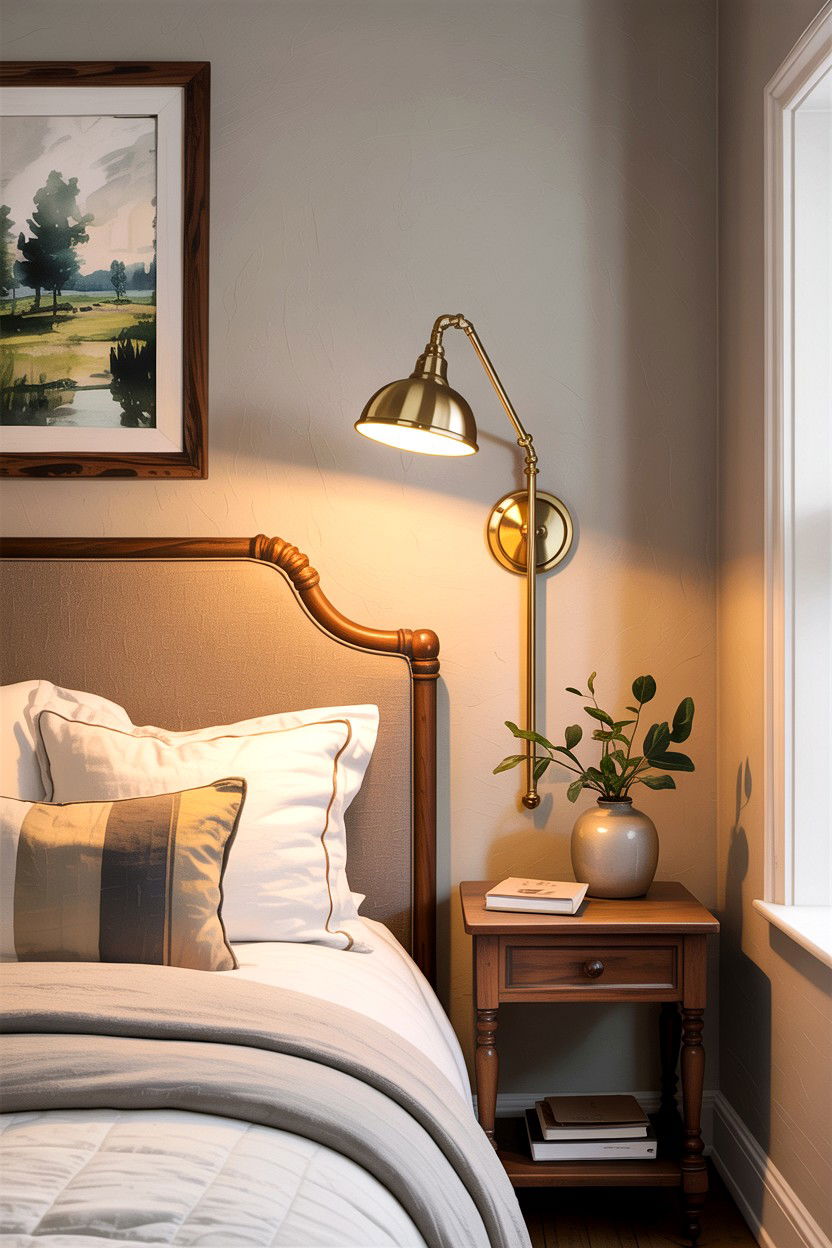 Brass Swing Arm Sconce - 30 farmhouse bedroom ideas
