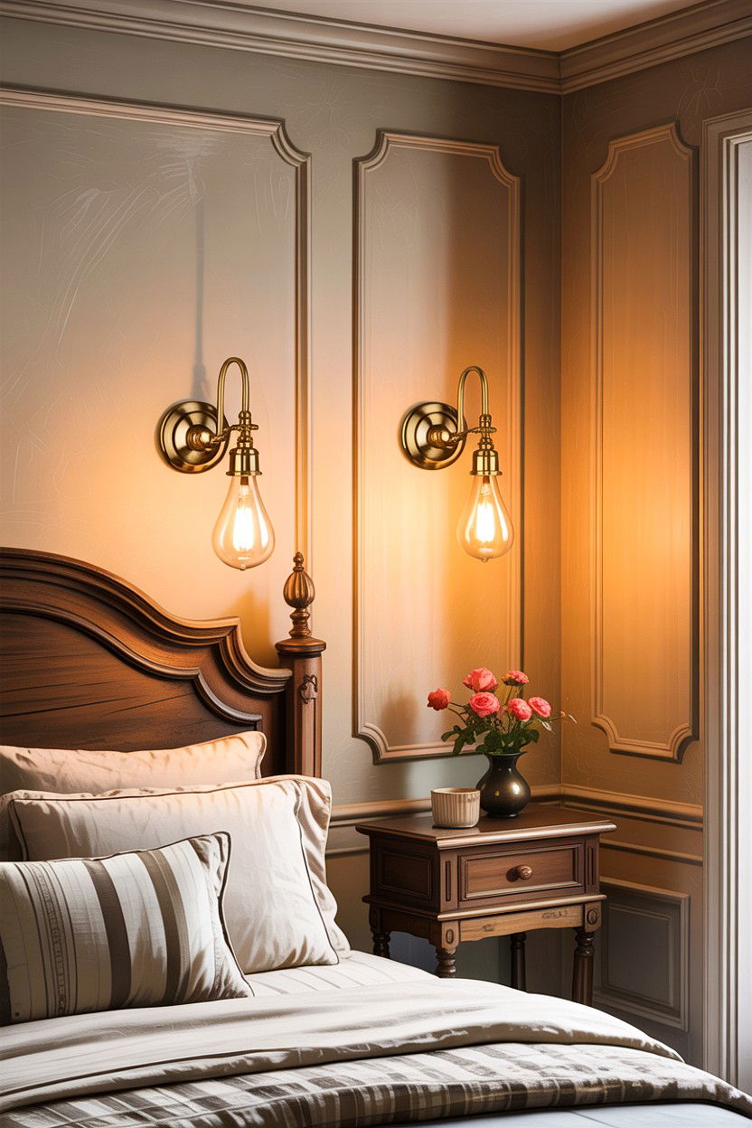 Brass bedside wall sconce - 30 rustic cream bedroom ideas