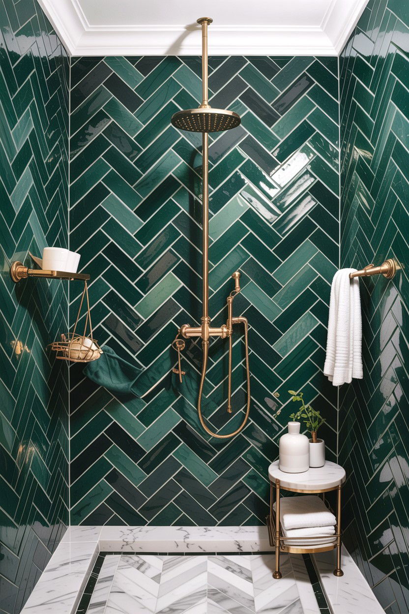 Brass hardware herringbone bathroom - 30 herringbone pattern bathroom ideas