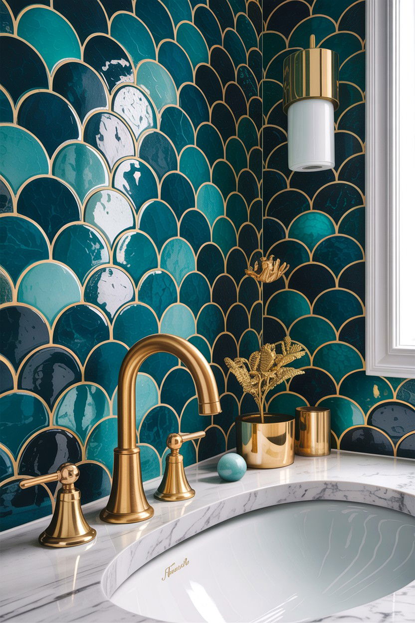 Brass hardware mermaid tile bathroom - 30 fish scale tile bathroom ideas