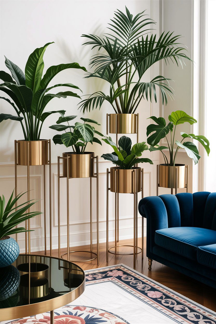 Brass plant stand living room - 30 jungle living room ideas