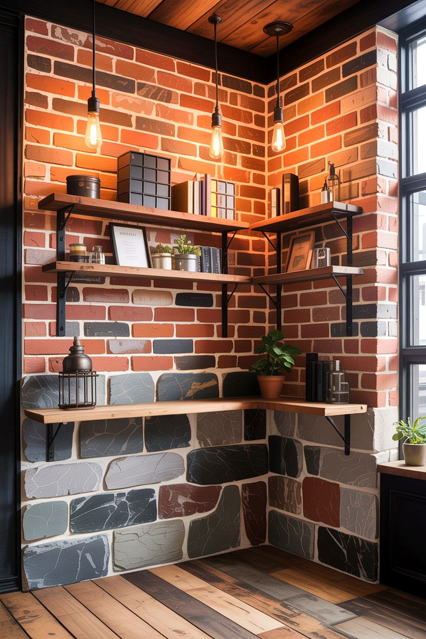 Brick and stone wall - 30 stone kitchen ideas