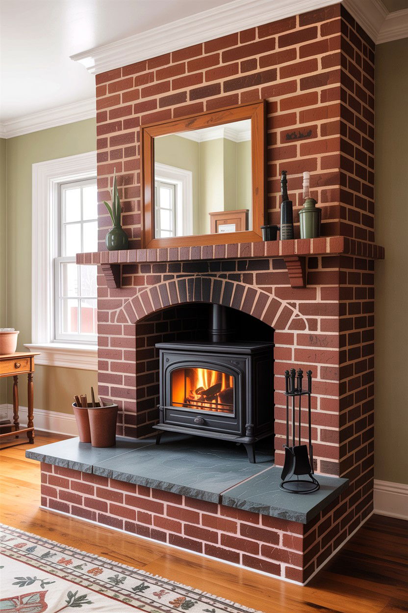 Brick fireplace with stone hearth - 30 living room fireplace brick ideas