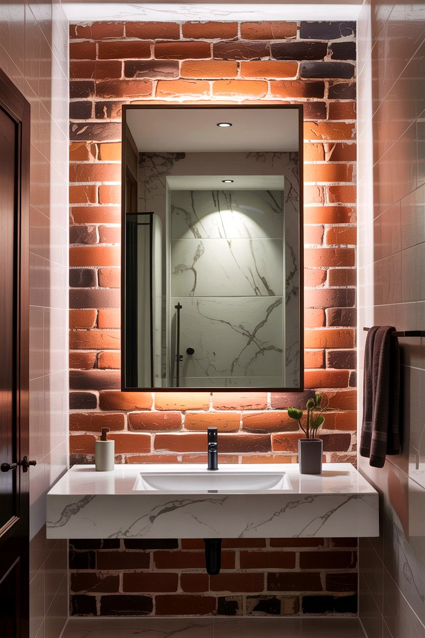 Brick wall bathroom mirror - 30 exposed brick bathroom ideas