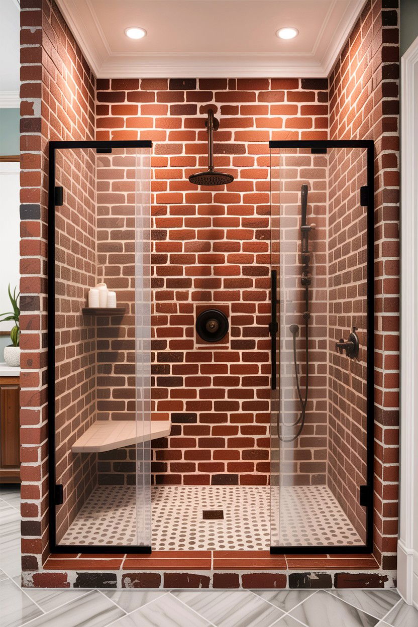 Brick wall walk in shower - 30 exposed brick bathroom ideas