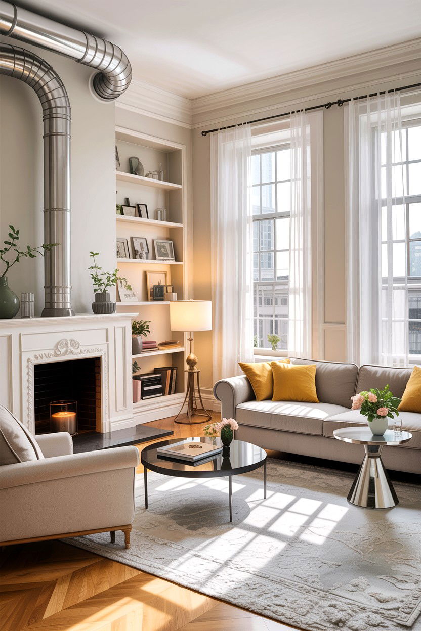 Bright living room exposed vents - 30 exposed ductwork living room ideas