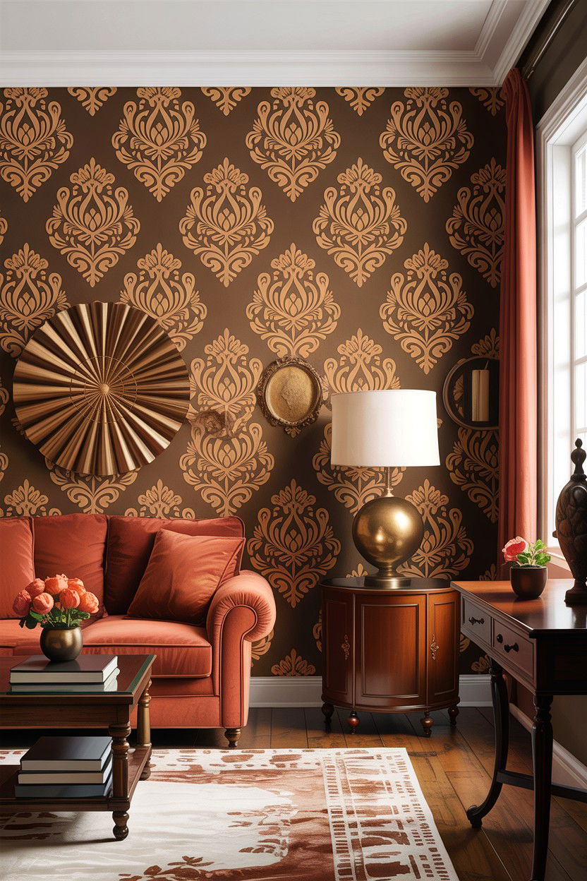 Bronze damask wallpaper - 30 living room damask wallpapers
