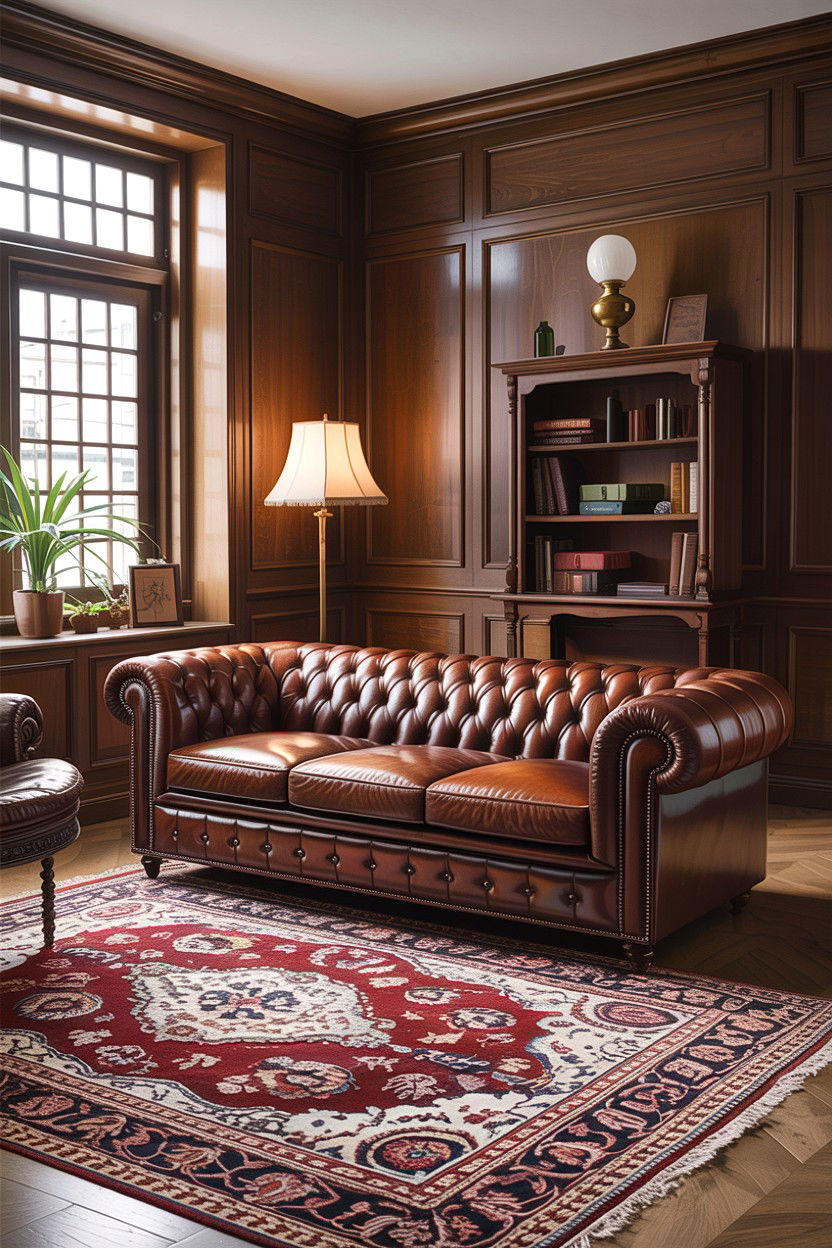 Brown Leather Chesterfield Sofa - 30 dark academia living room ideas
