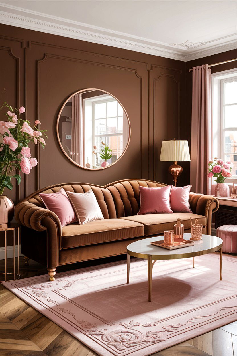 Brown and blush pink living room - 30 warm brown living room ideas