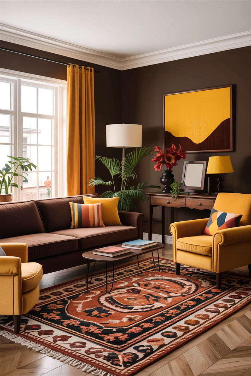 Brown and mustard yellow living room - 30 warm brown living room ideas