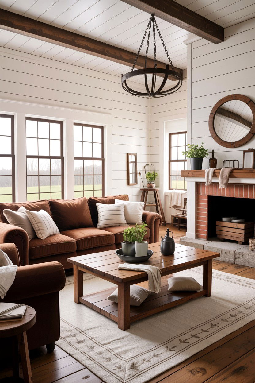 Brown and white farmhouse living room - 30 warm brown living room ideas
