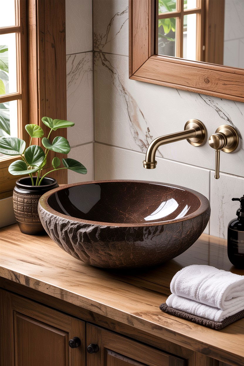 Brown stone vessel sink - 30 chocolate brown bathroom ideas