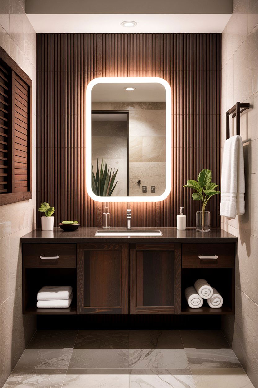 Brown wood slat bathroom wall - 30 chocolate brown bathroom ideas