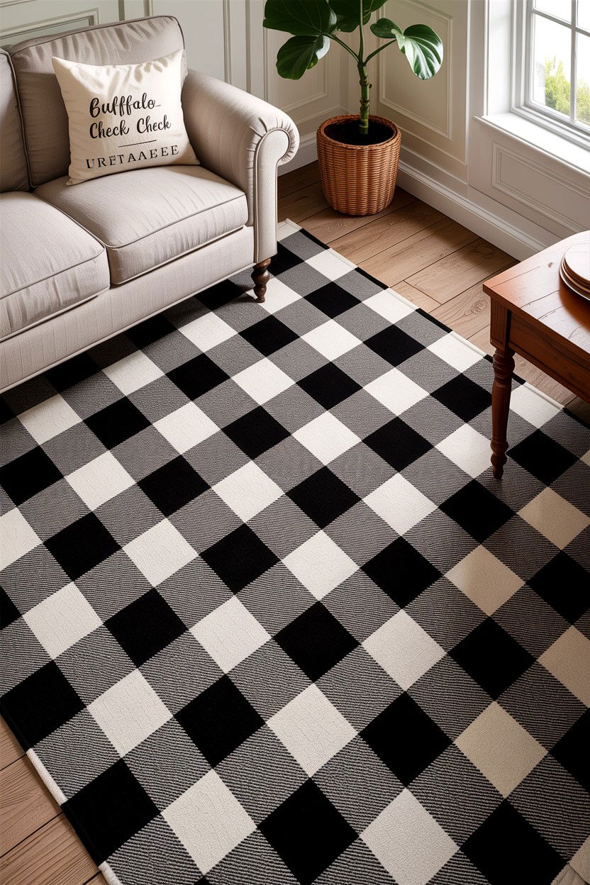 Buffalo Check Rug - 30 living room farmhouse furniture ideas