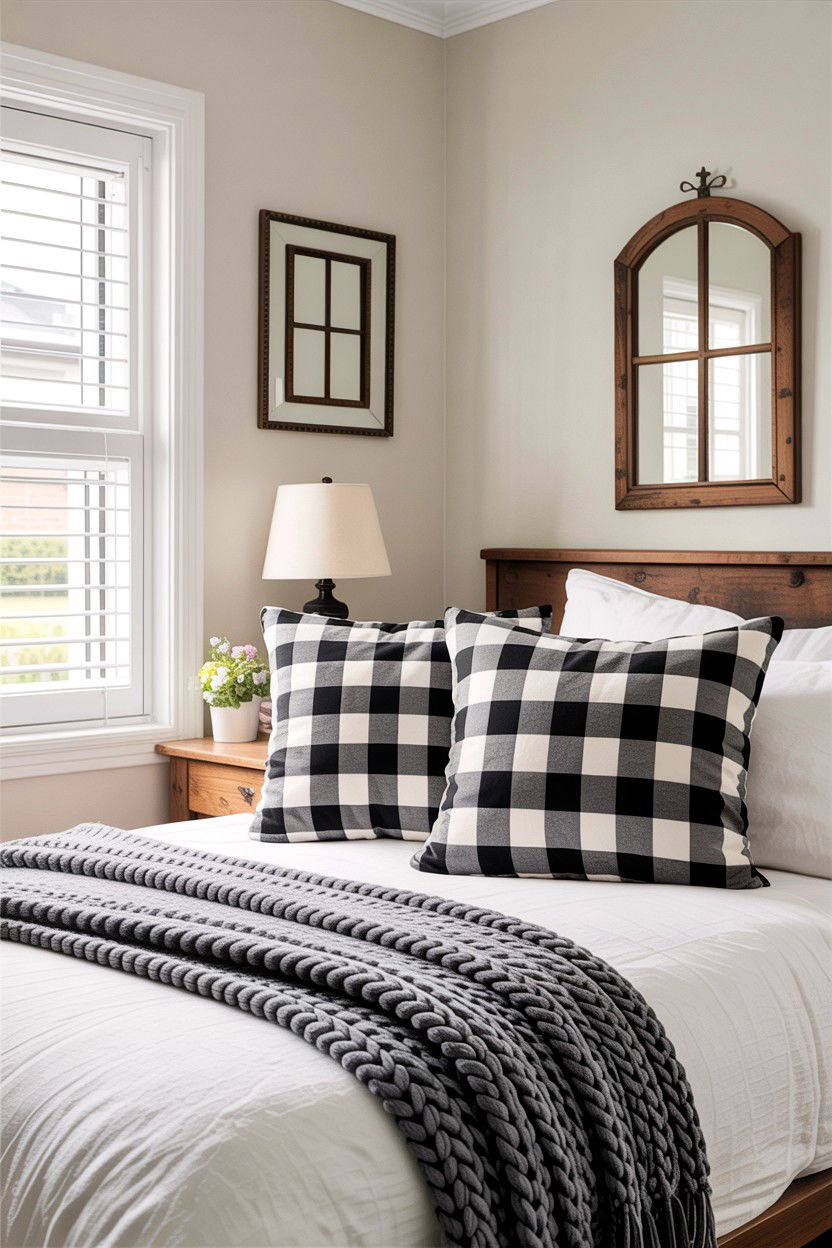 Buffalo Check Throw Pillows - 30 farmhouse bedroom ideas