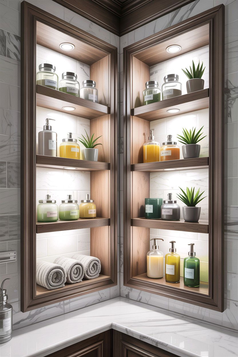 Built in bathroom shelving - 30 bathroom closet ideas