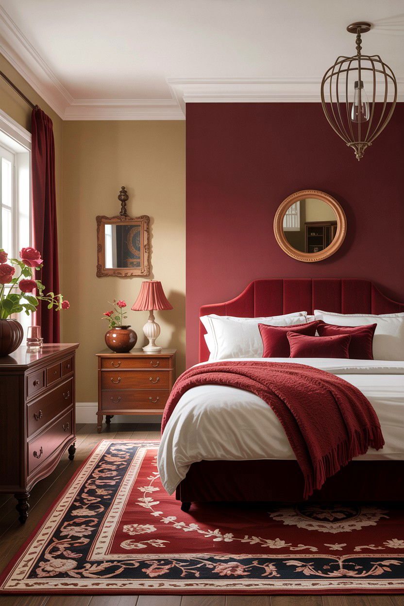 Burgundy and beige bedroom - 30 bedroom two tone walls