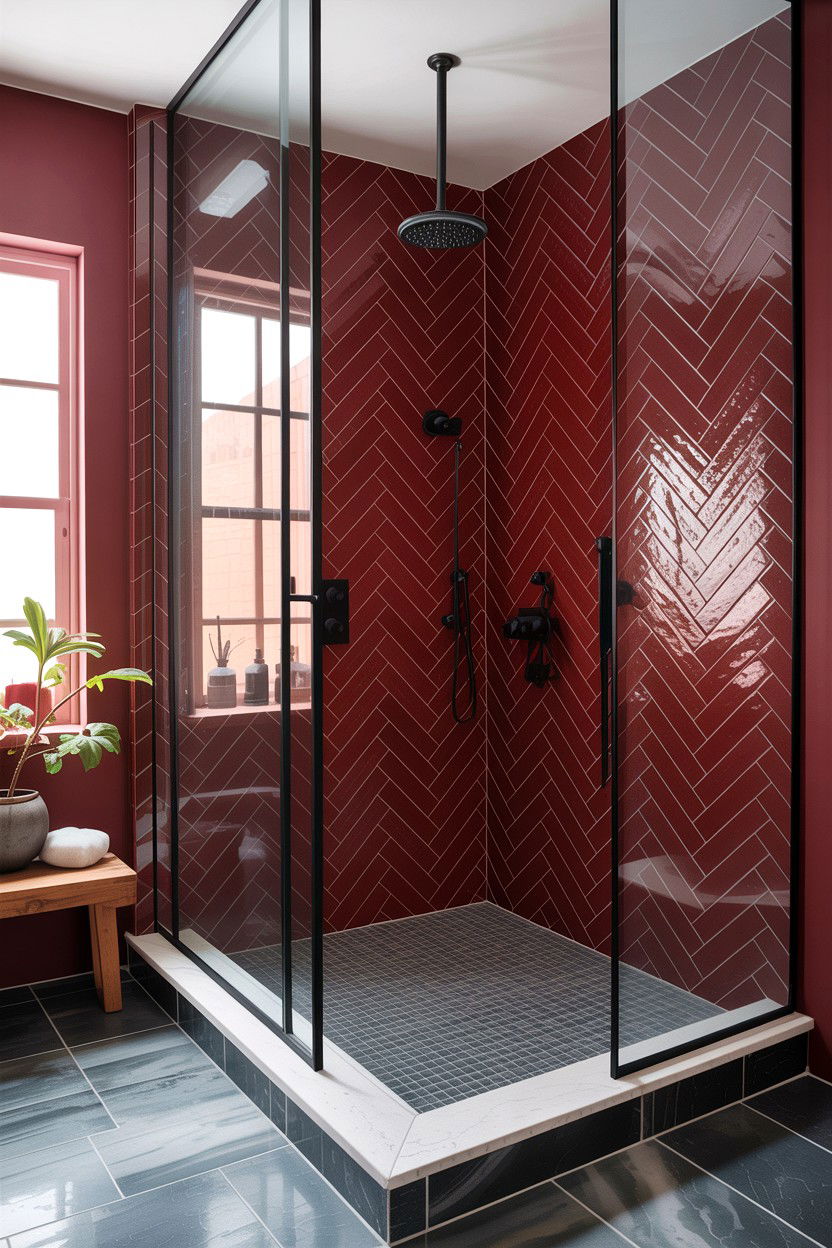 Burgundy tile bathroom shower - 30 jewel tone bathroom ideas