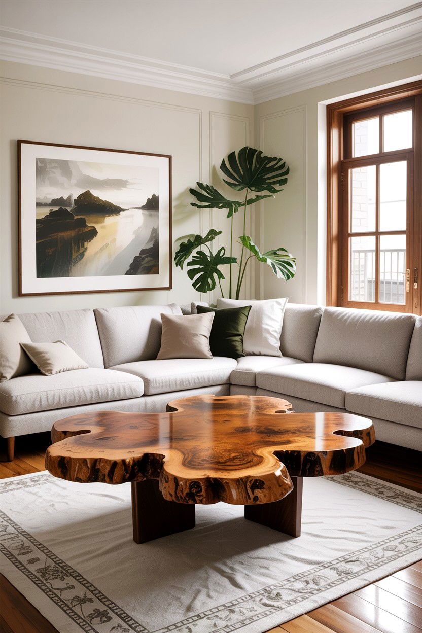 Burl wood coffee table - 30 living room antique furniture ideas