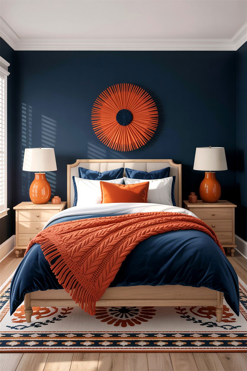 Burnt orange and navy bedroom - 30 bedroom color schemes