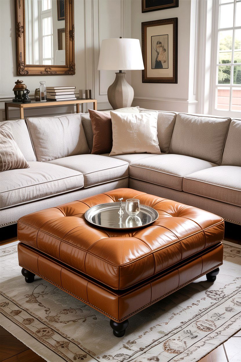 Camel leather ottoman - 30 camel living room ideas