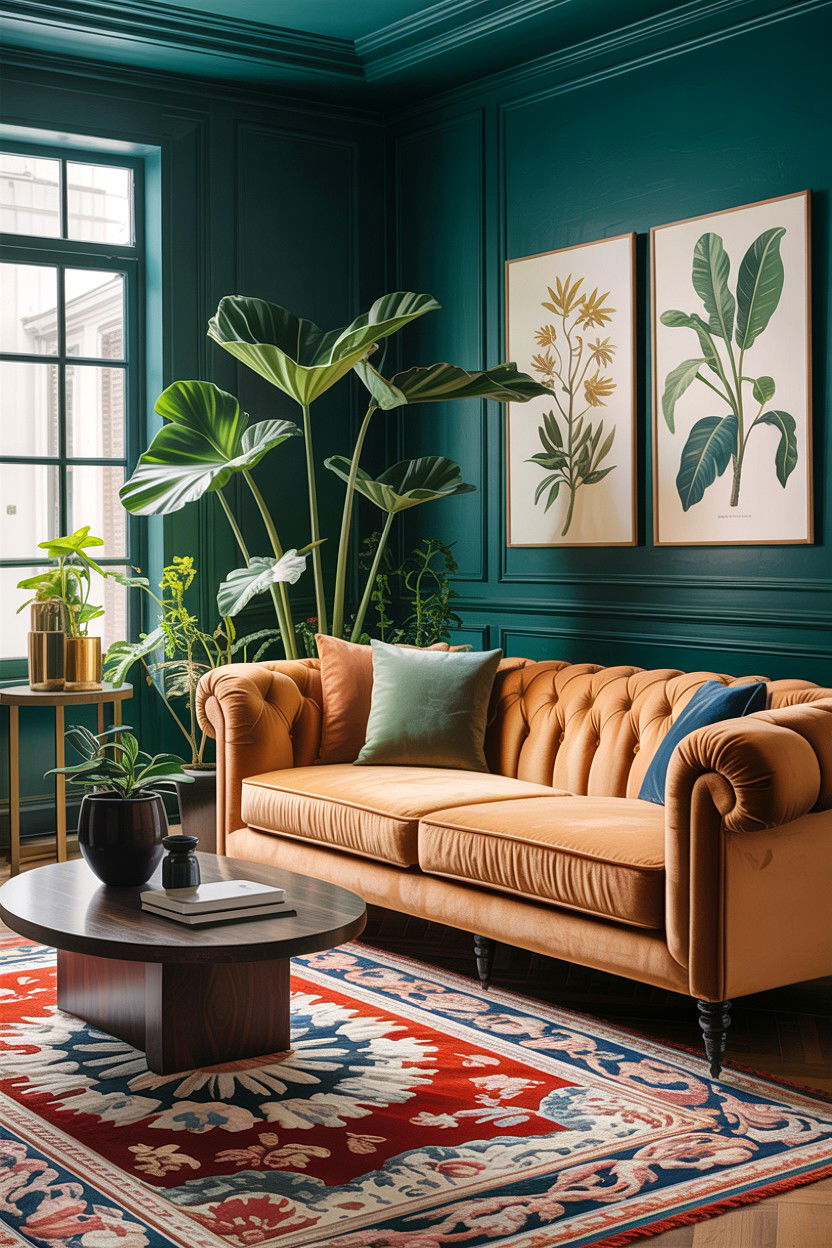 Camel velvet sofa - 30 camel living room ideas