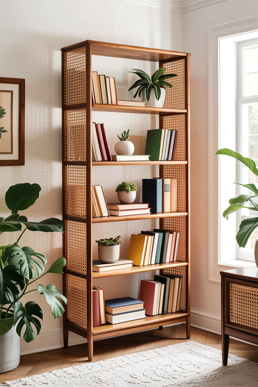 Cane bookshelf - 30 cane living room ideas