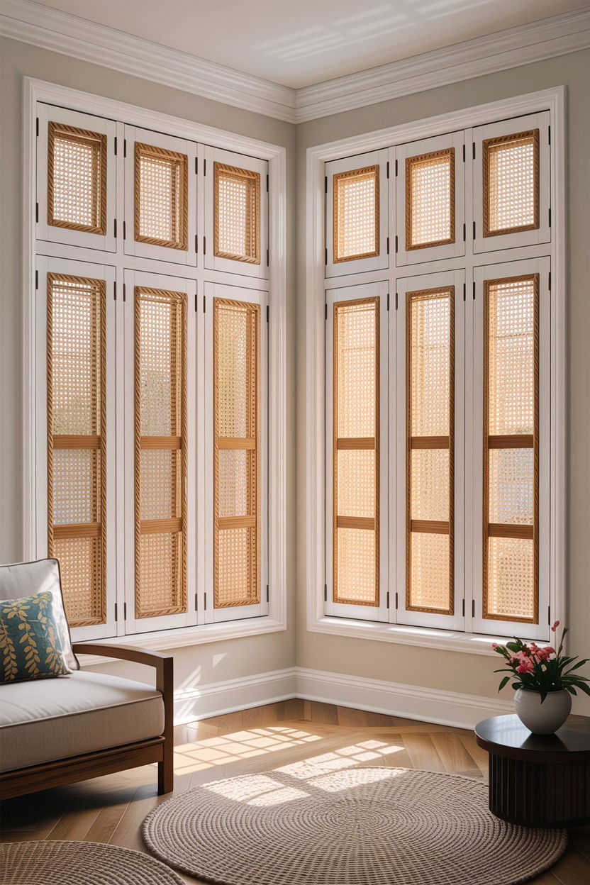 Cane shutters - 30 cane living room ideas