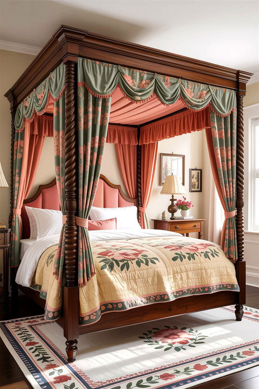 Canopy Bed With Fabric Drapes - 30 grandmillennial bedroom ideas