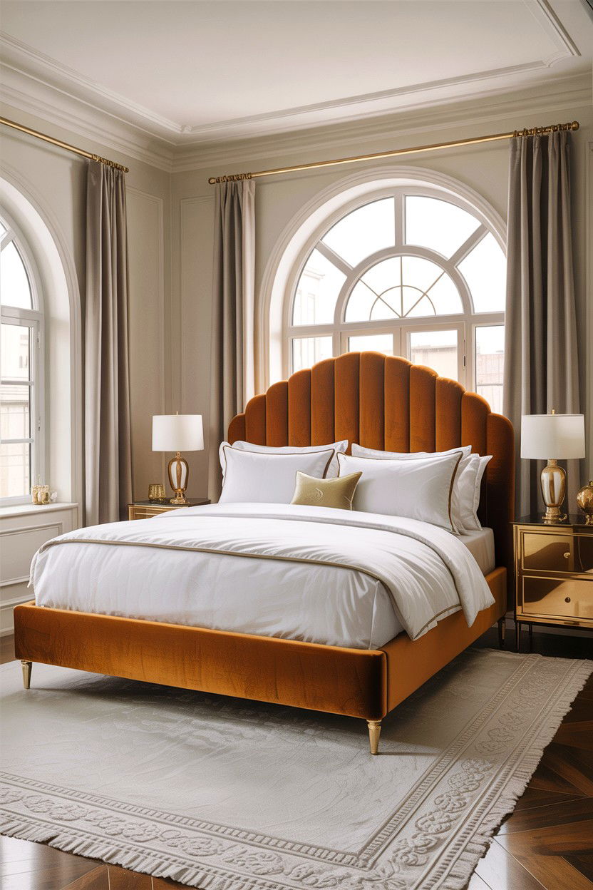 Caramel Velvet Headboard - 30 warm brown bedroom ideas