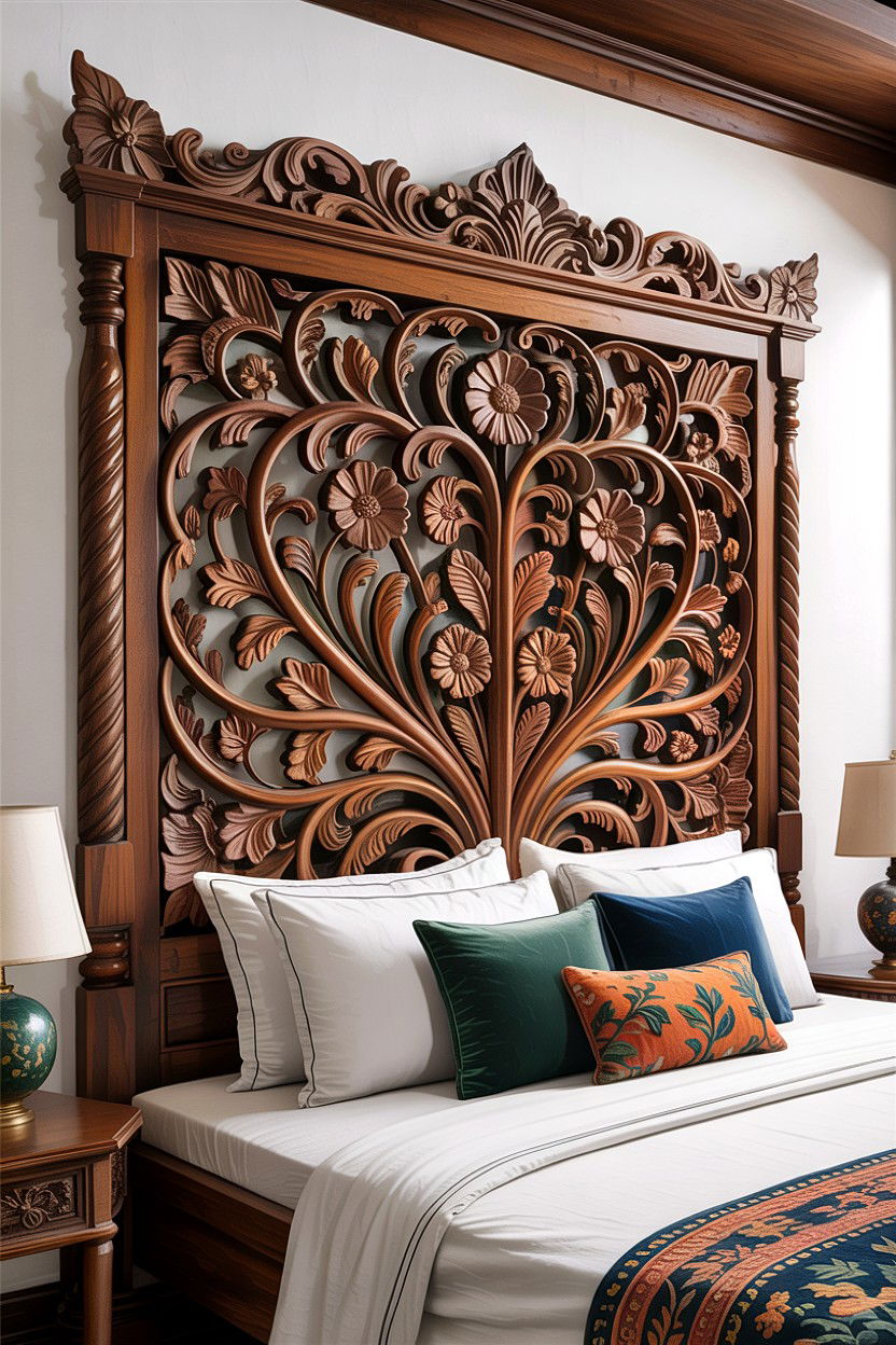 Carved Wood Headboard - 30 Balinese bedroom ideas