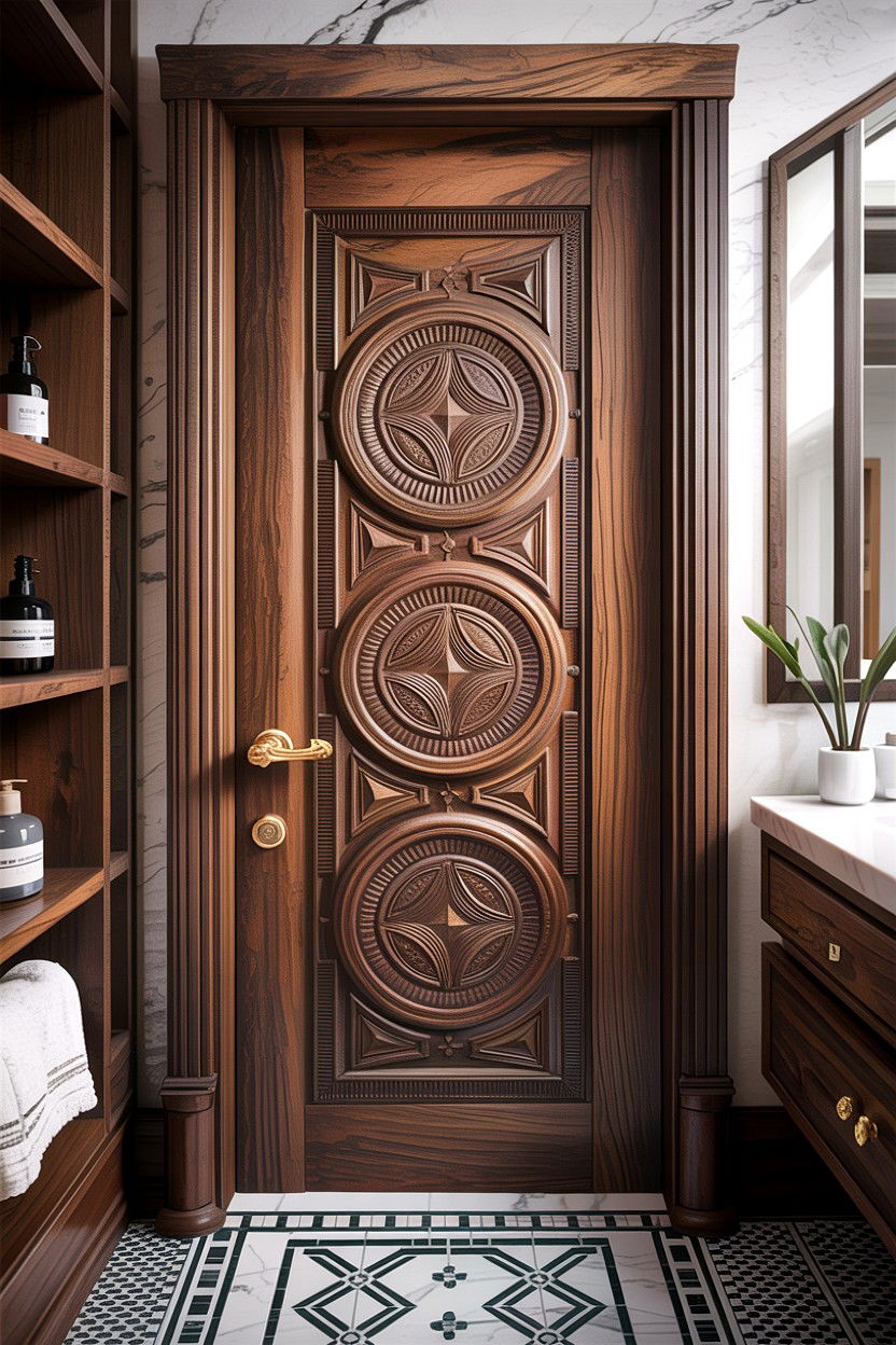 Carved pattern bathroom door - 30 bathroom door statement ideas