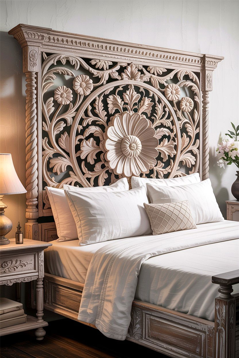 Carved wooden headboard - 30 Indian bedroom ideas