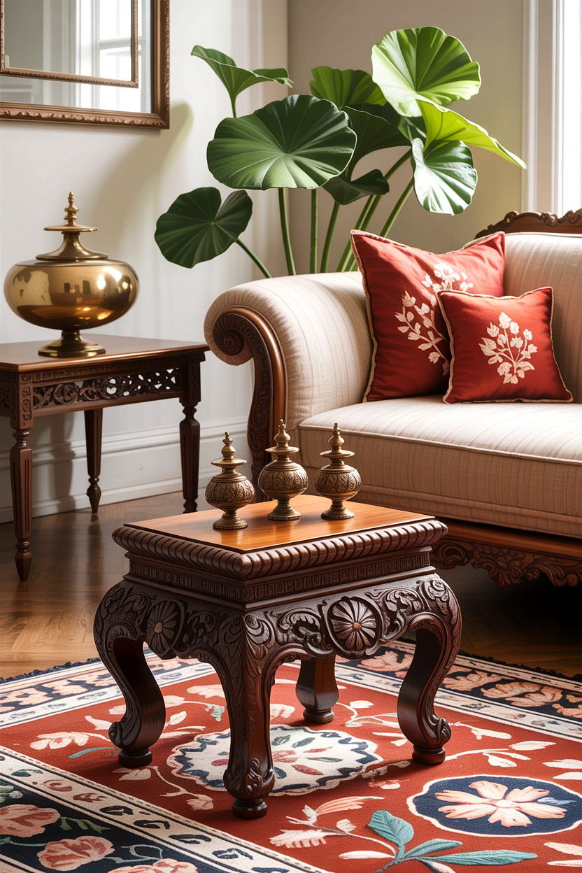 Carved wooden stool - 30 living room Indian furniture ideas