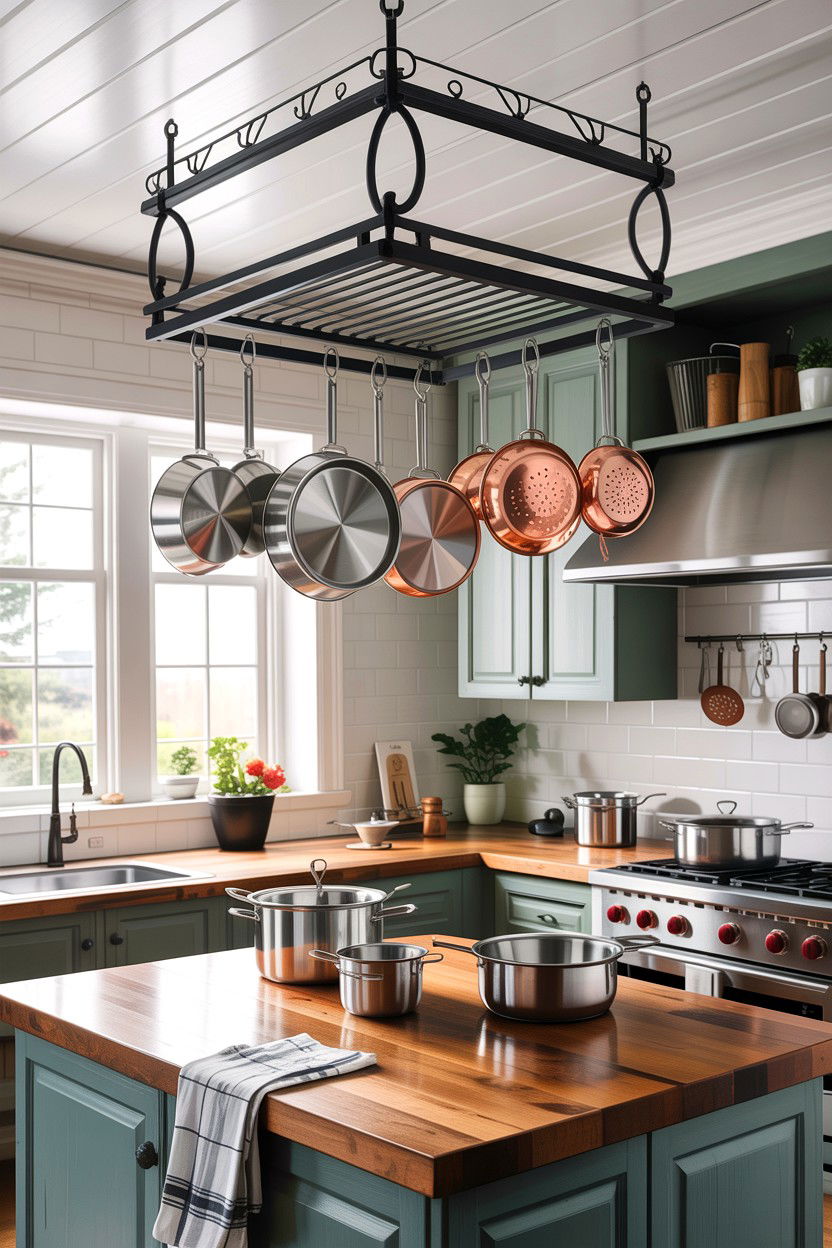 Ceiling pot rack - 30 small kitchen space storage ideas