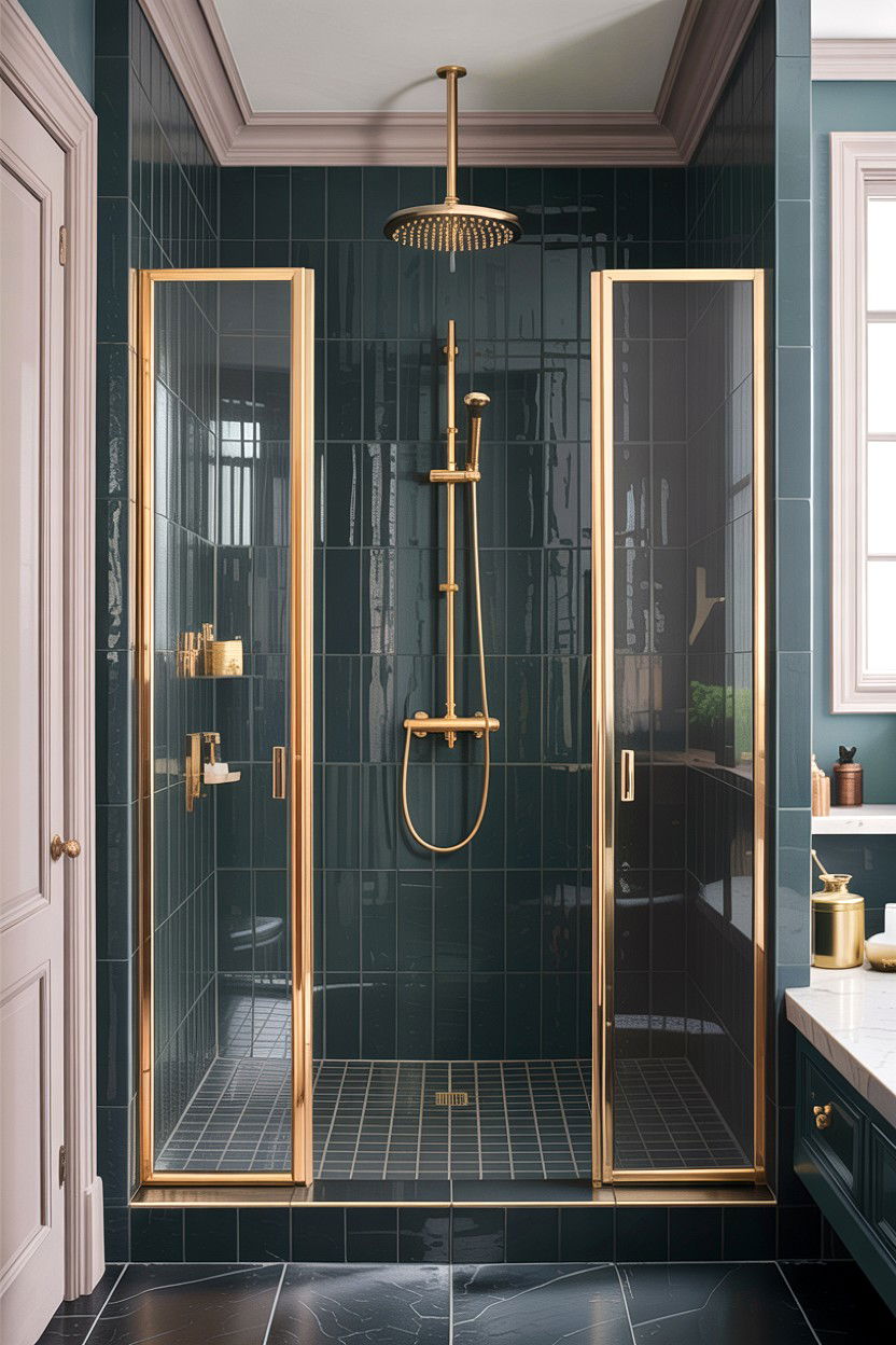 Charcoal Gray Tile Gold Shower Trim - 30 gray and gold bathroom ideas