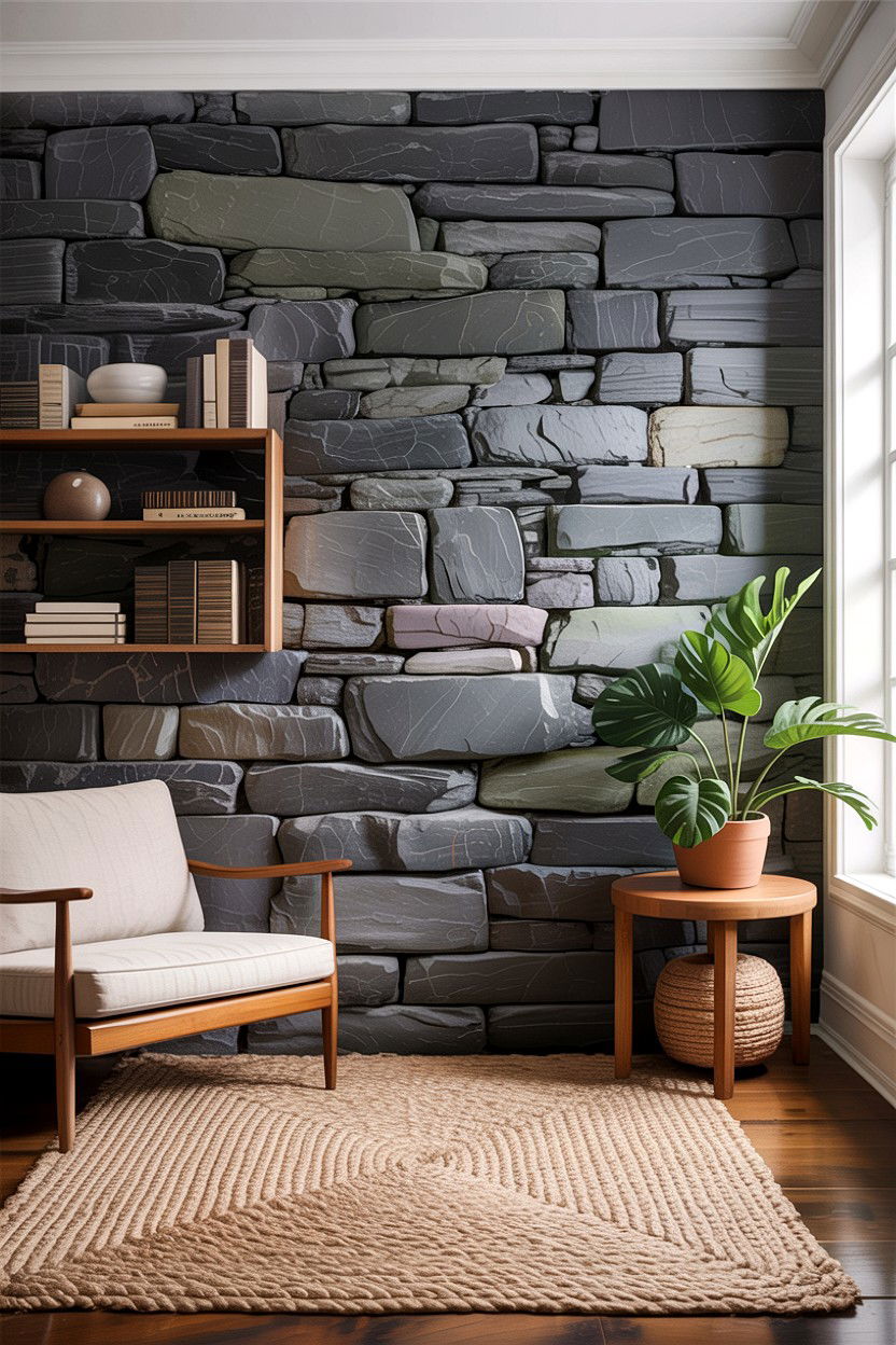 Charcoal Stone Wall Interior - 30 rustic black living room ideas