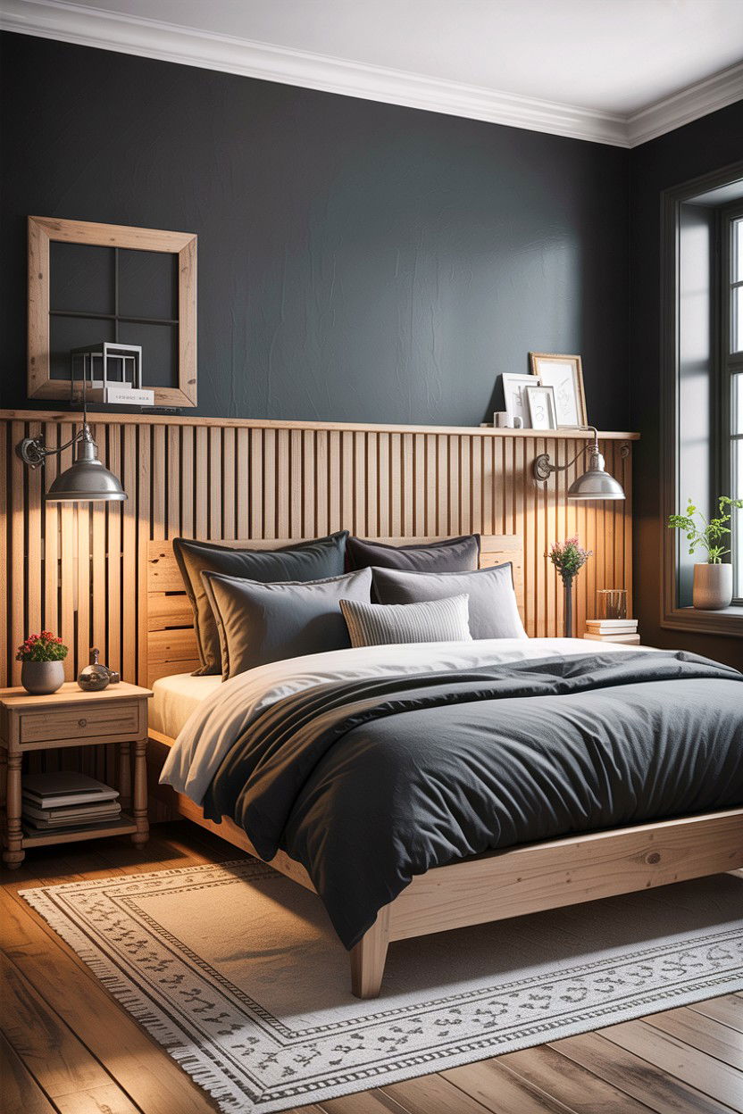 Charcoal and light wood bedroom - 30 bedroom two tone walls