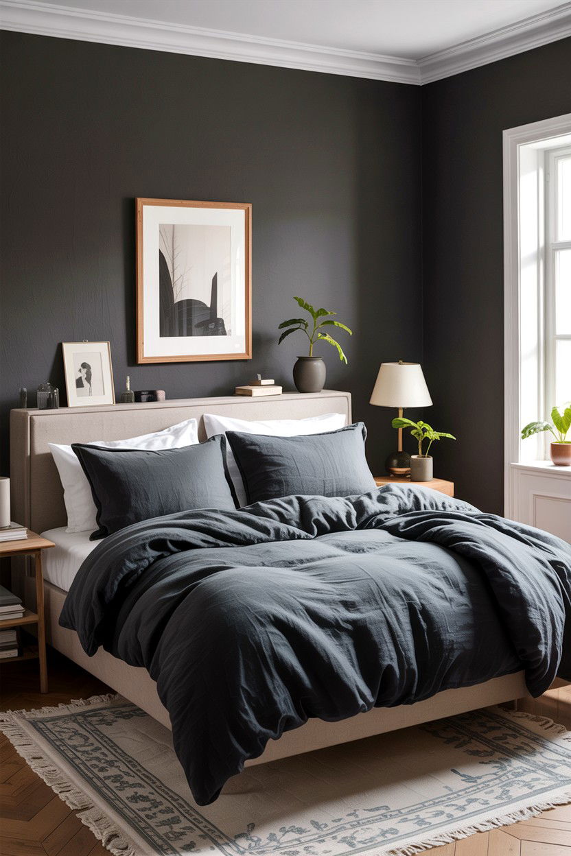 Charcoal and linen bedding - 30 charcoal bedroom ideas