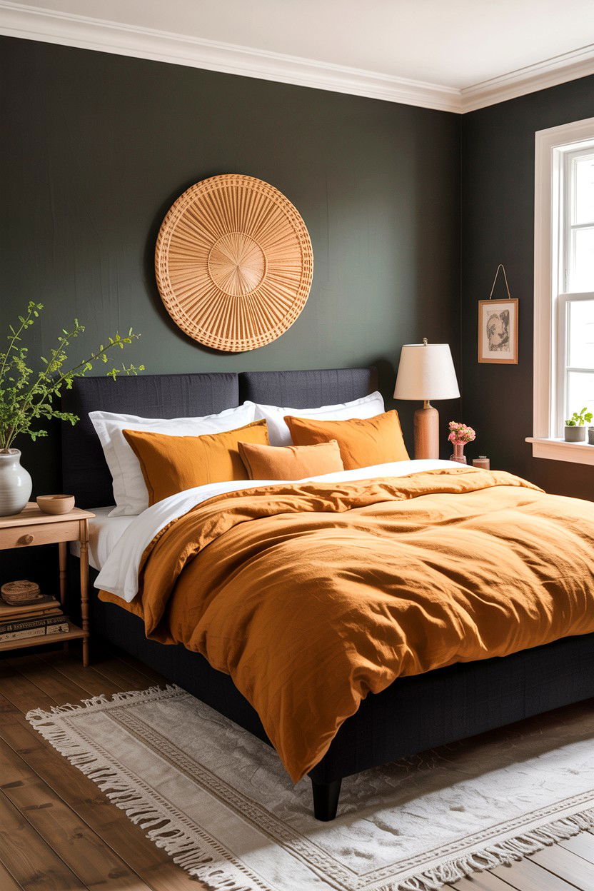 Charcoal and ochre bedding - 30 charcoal bedroom ideas