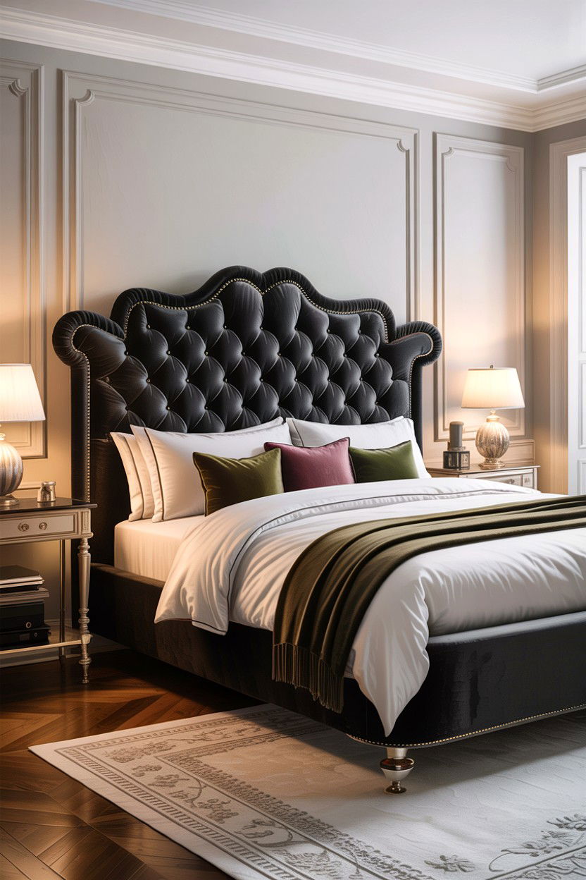 Charcoal and velvet headboard - 30 charcoal bedroom ideas