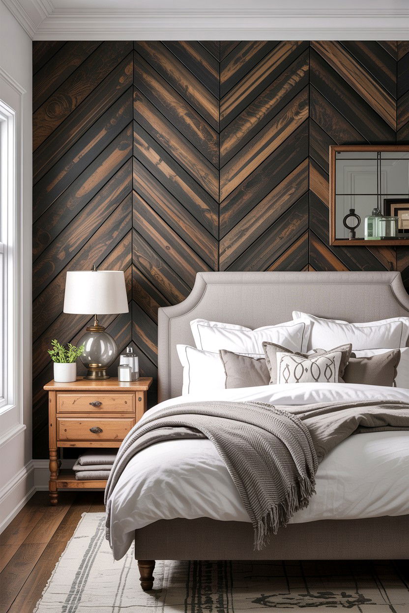 Charcoal chevron shiplap wall - 30 bedroom chevron wall ideas