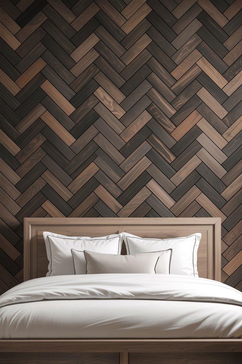 Charcoal herringbone accent wall - 30 bedroom herringbone wall ideas