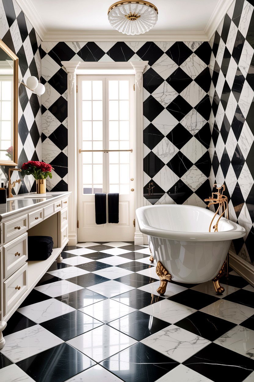 Checkerboard tile bathroom floor - 30 Hollywood regency bathroom ideas