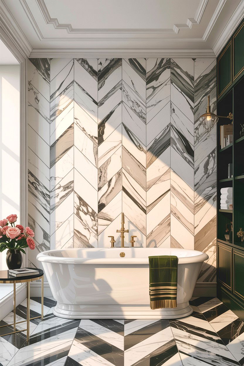 Chevron Pattern Marble Wall - 30 accent tile bathroom ideas