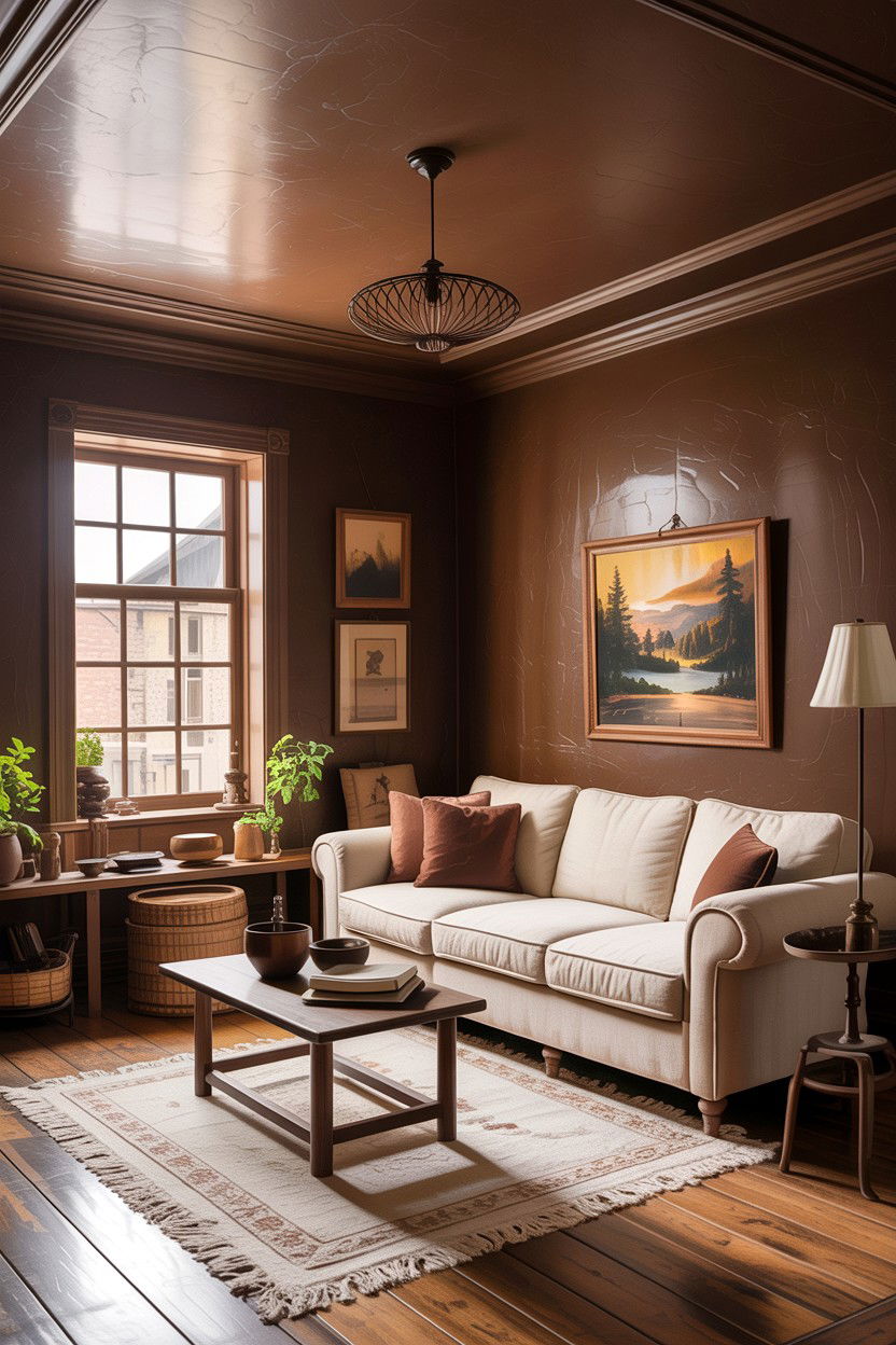 Chocolate brown ceiling - 30 living room dark ceiling ideas