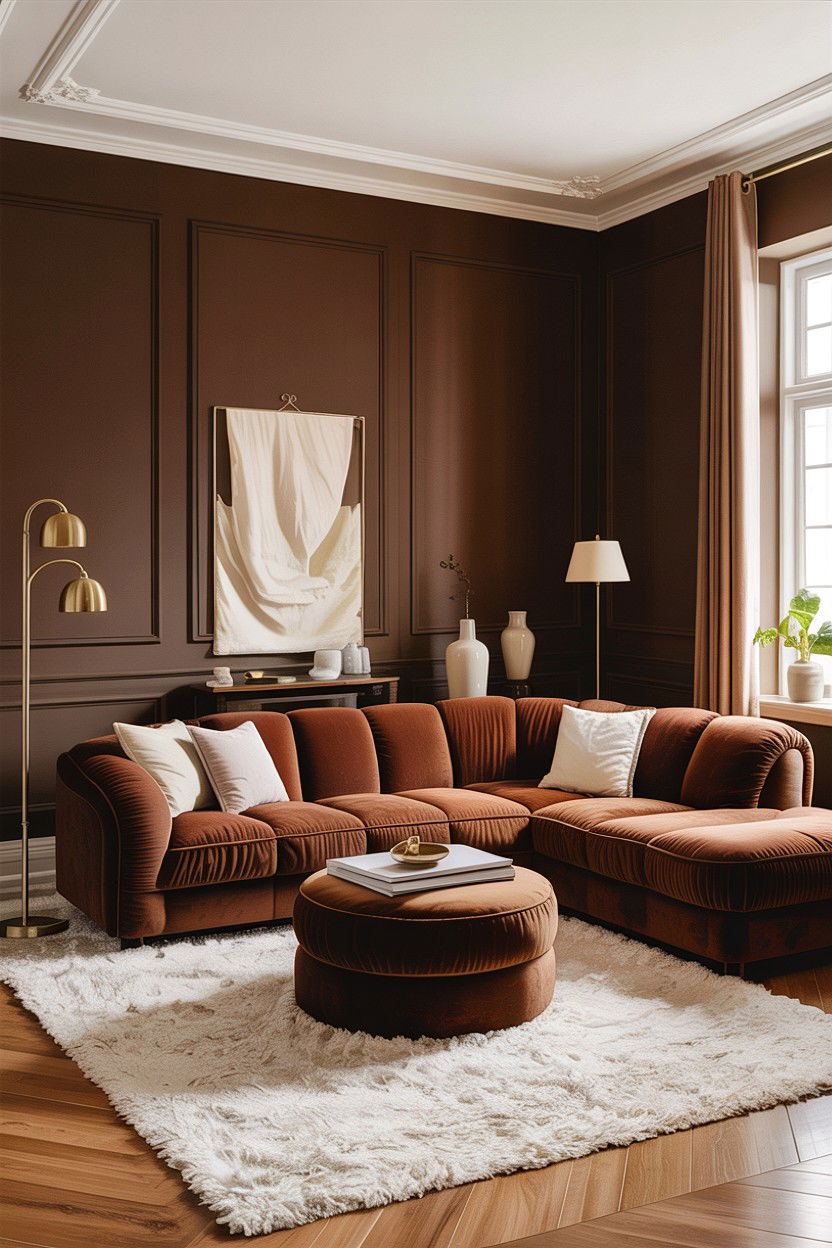 Chocolate brown velvet sofa living room - 30 warm brown living room ideas