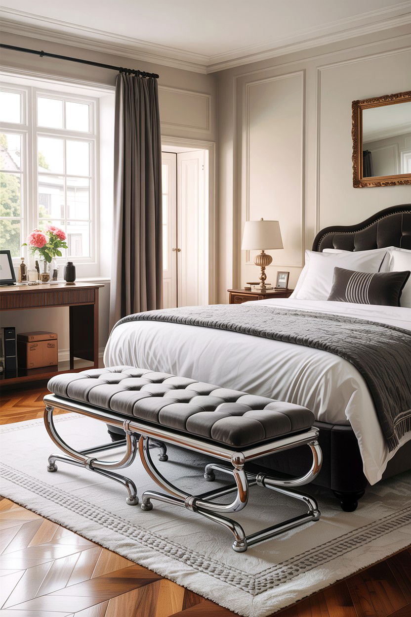 Chrome Bench - 30 chrome accent bedroom ideas