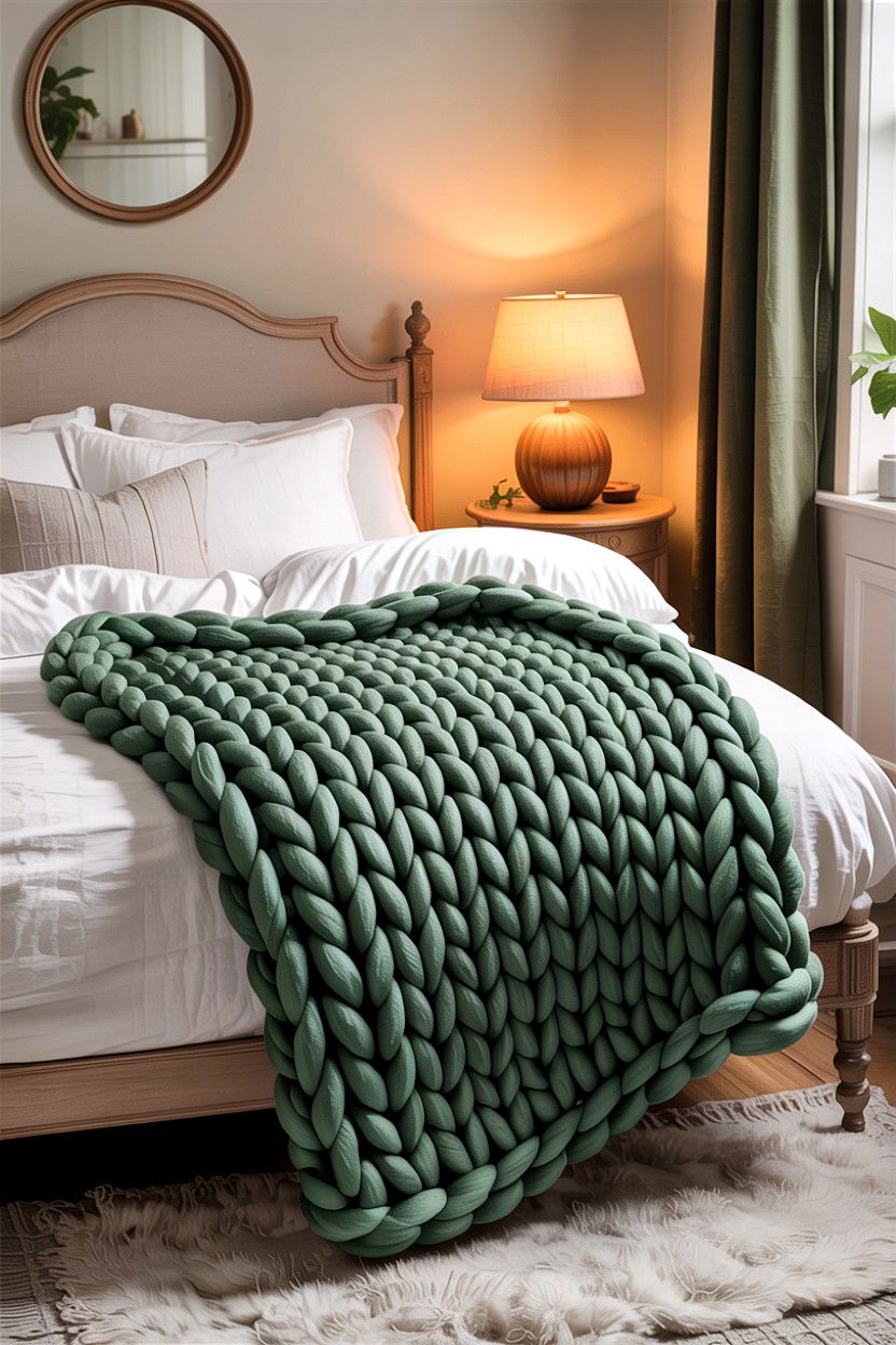 Chunky Green Knit Blankets - 30 scandinavian green bedroom ideas