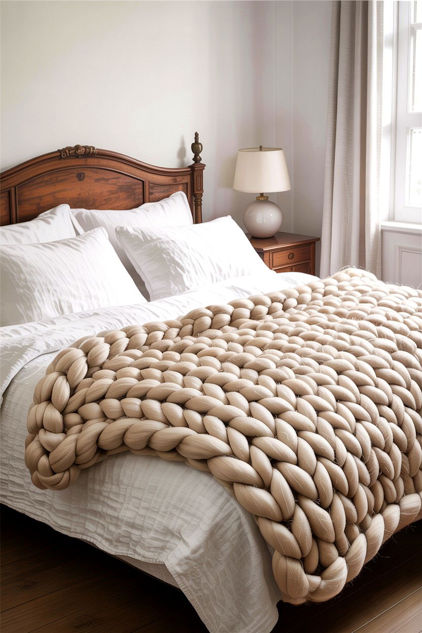 Chunky Knit Blanket - 30 rustic white bedroom ideas